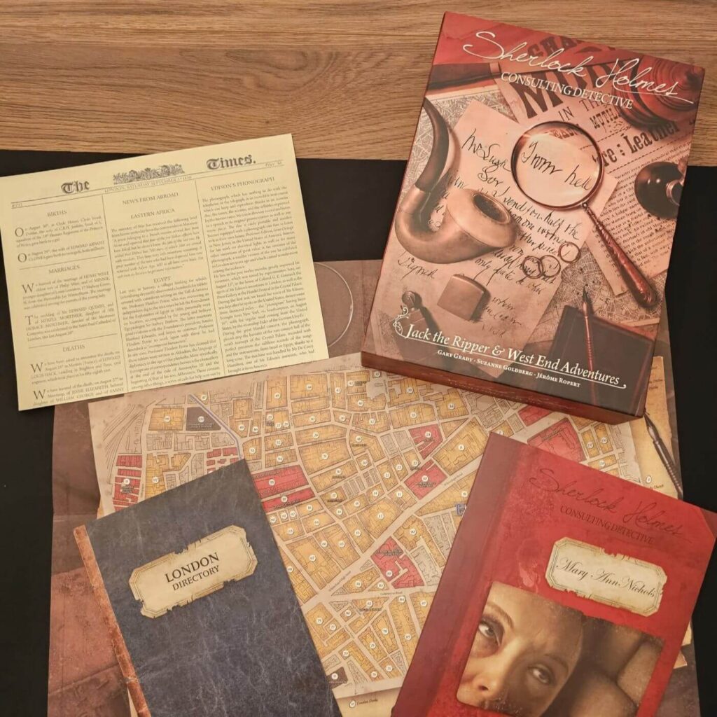 Spielkarton, Karte und Hefte von Sherlock Holmes Consulting Detective: Jack the Ripper and West End Adventures.